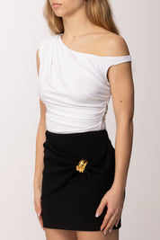 Elisabetta Franchi Body In Jersey Drappeggiato con Spalla Gioiello BO01361E2 AVORIO