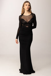 Elisabetta Franchi Body In Jersey e Tulle con Ricamo In Cristalli BO01061E2 NERO