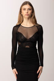Elisabetta Franchi Body In Jersey e Tulle con Ricamo In Cristalli BO01061E2 NERO