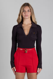 Elisabetta Franchi Body In Maglia a Coste con Logo BK02B66E2 DARK CHOCOLATE
