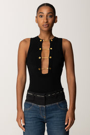 Elisabetta Franchi Body In Maglia Smanicato con Gemelli Gioiello BK77S57E2 NERO