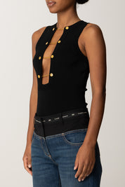 Elisabetta Franchi Body In Maglia Smanicato con Gemelli Gioiello BK77S57E2 NERO