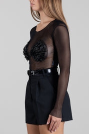 Elisabetta Franchi Body In Tulle con Coppe Ricamate BO04967E2 NERO