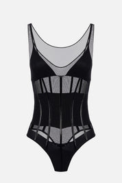 Elisabetta Franchi Body In Tulle con Dettagli In Vinile e Jersey BO00256E2 NERO
