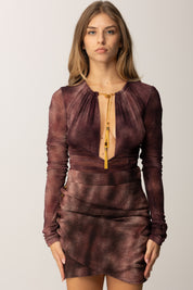 Elisabetta Franchi Body In Tulle con Stampa Pitone e Collana BO02057E2 MERLOT