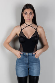 Elisabetta Franchi Body In Tulle Logato con Maniche Lunghe BO04466E2 NERO