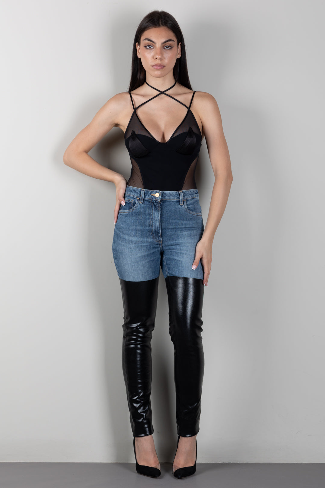 Elisabetta Franchi Body In Tulle Logato con Maniche Lunghe BO04466E2 NERO
