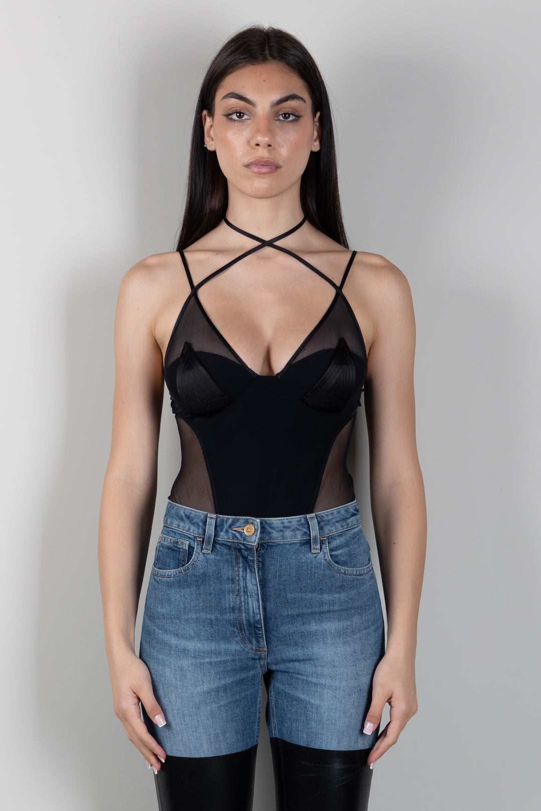 Elisabetta Franchi Body In Tulle Logato con Maniche Lunghe BO04466E2 NERO