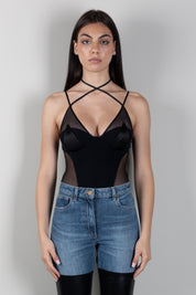 Elisabetta Franchi Body In Tulle Logato con Maniche Lunghe BO04466E2 NERO