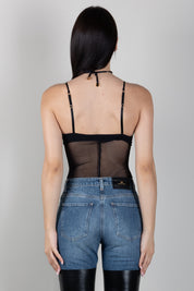 Elisabetta Franchi Body In Tulle Logato con Maniche Lunghe BO04466E2 NERO