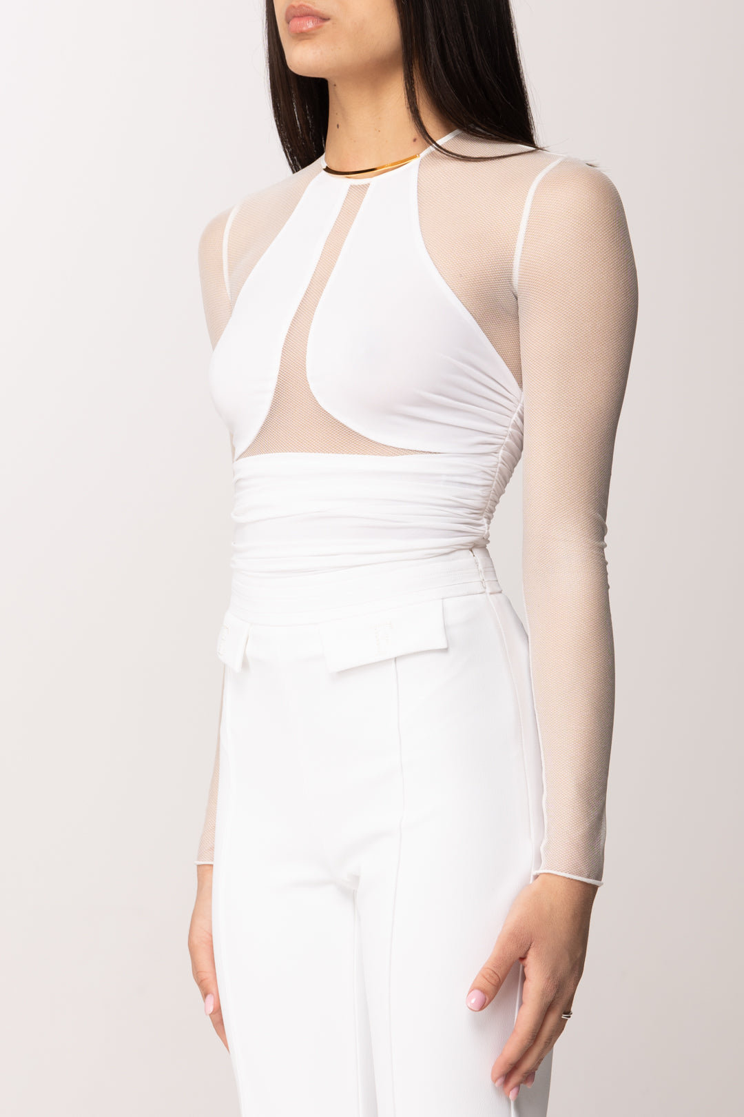 Elisabetta Franchi Body In Tulle Micro-rete e Jersey BO03062E2 AVORIO