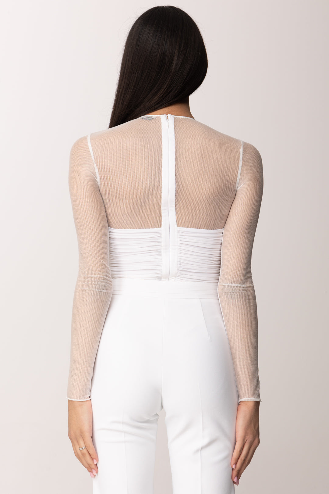 Elisabetta Franchi Body In Tulle Micro-rete e Jersey BO03062E2 AVORIO