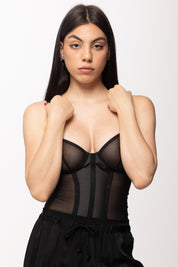 Elisabetta Franchi Body In Tulle Trasparente Stretch e Raso BO02562E2 NERO