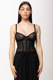 Elisabetta Franchi Body In Tulle Trasparente Stretch e Raso BO02562E2 NERO