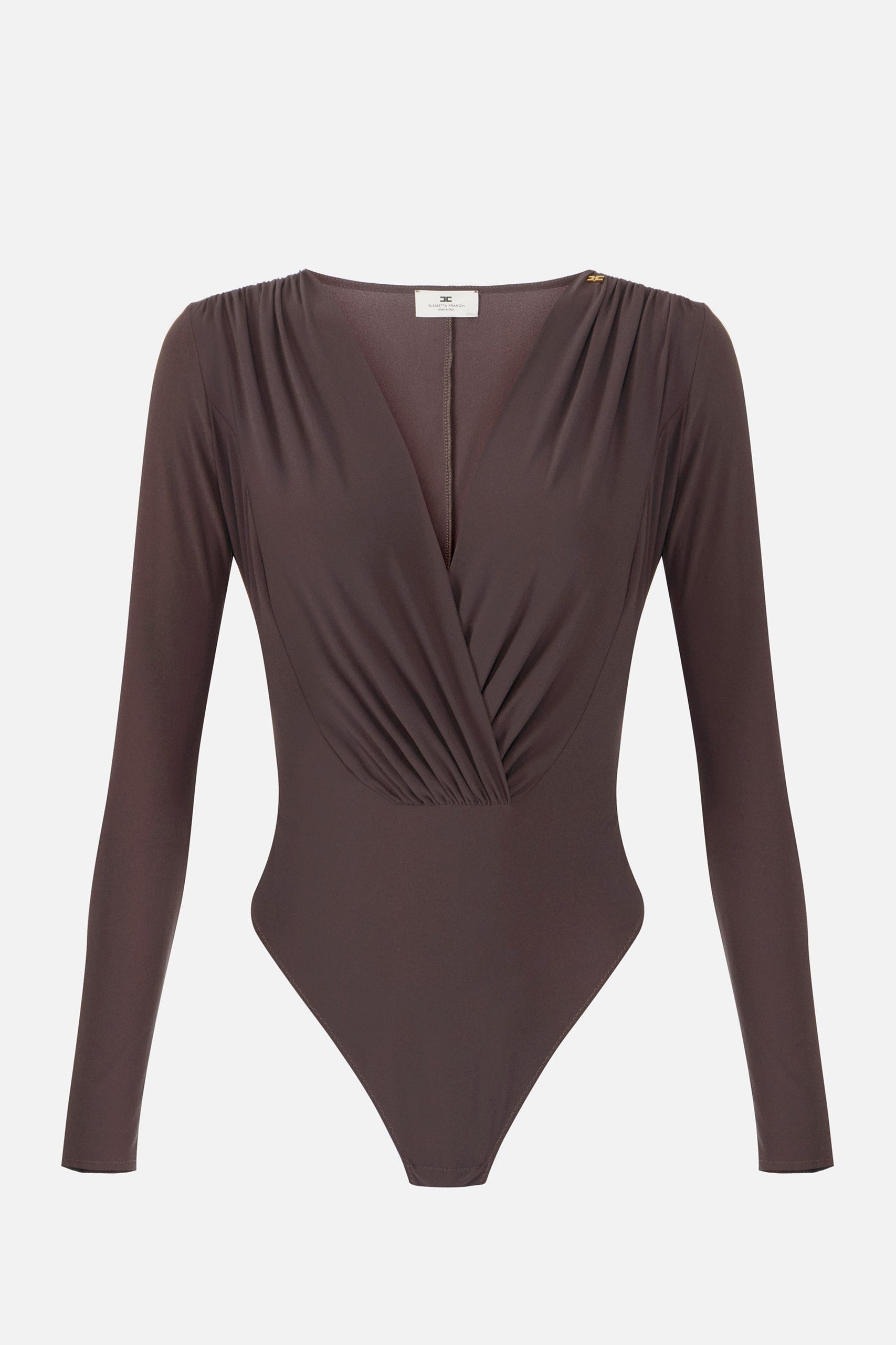 Elisabetta Franchi Body Scollo a Incrocio In Georgette Stretch BO03162E2 DARK CHOCOLATE