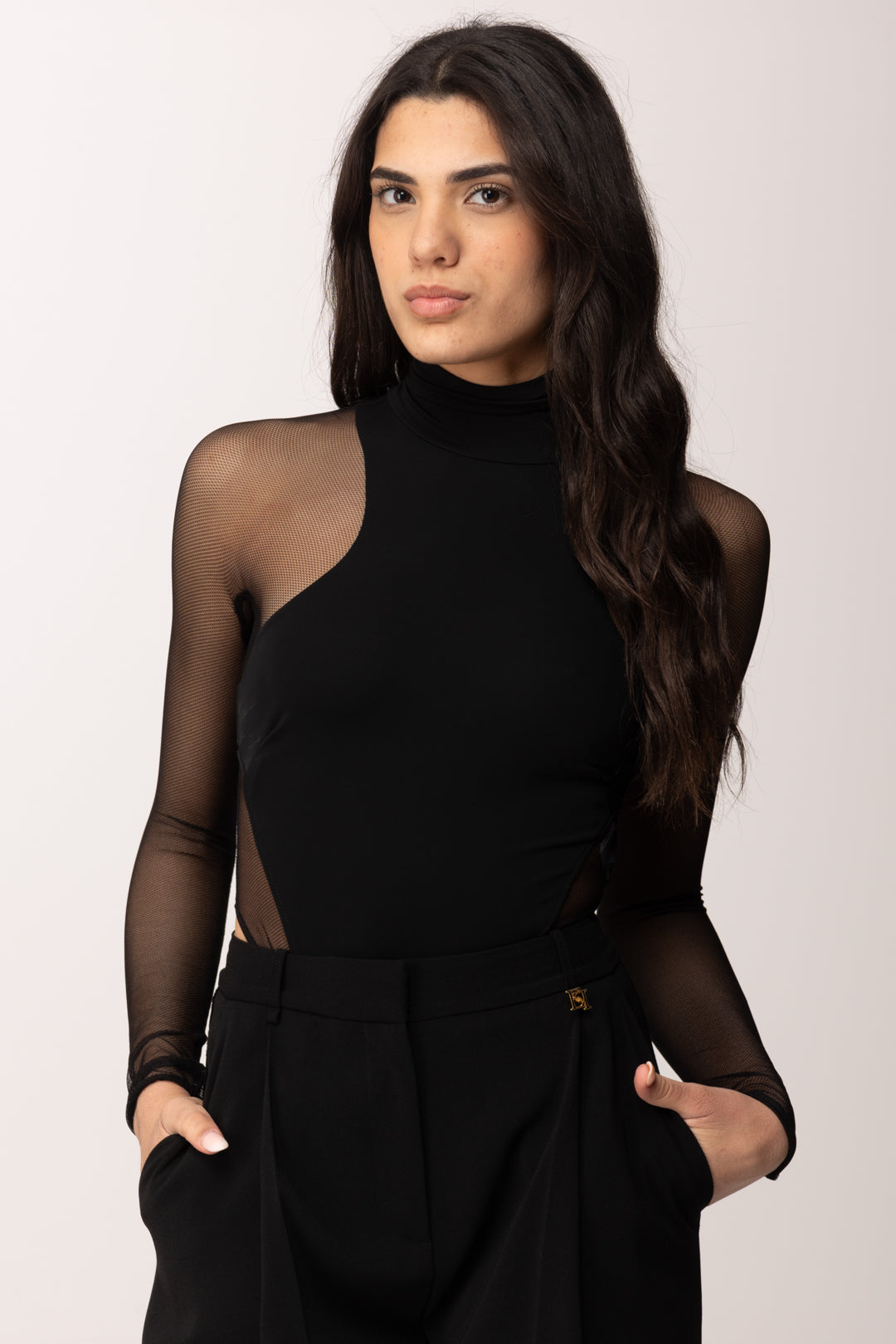 Elisabetta Franchi Body Sgambato In Jersey Crepe e Tulle BO03763E2 NERO