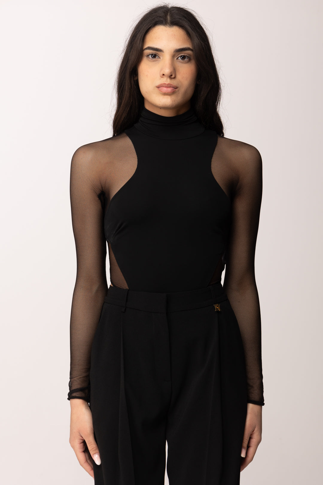 Elisabetta Franchi Body Sgambato In Jersey Crepe e Tulle BO03763E2 NERO