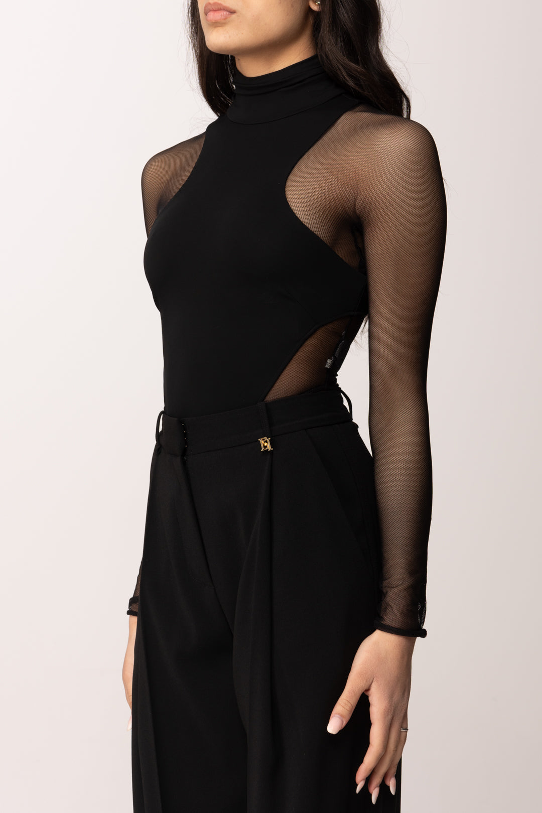 Elisabetta Franchi Body Sgambato In Jersey Crepe e Tulle BO03763E2 NERO