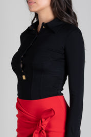 Elisabetta Franchi Body Slim con Colletto e Bottoni Dorati CB00466E2 NERO
