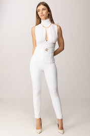 Elisabetta Franchi Body Smanicato a Collo Alto con Dettaglio Gioiello BO01661E2 AVORIO