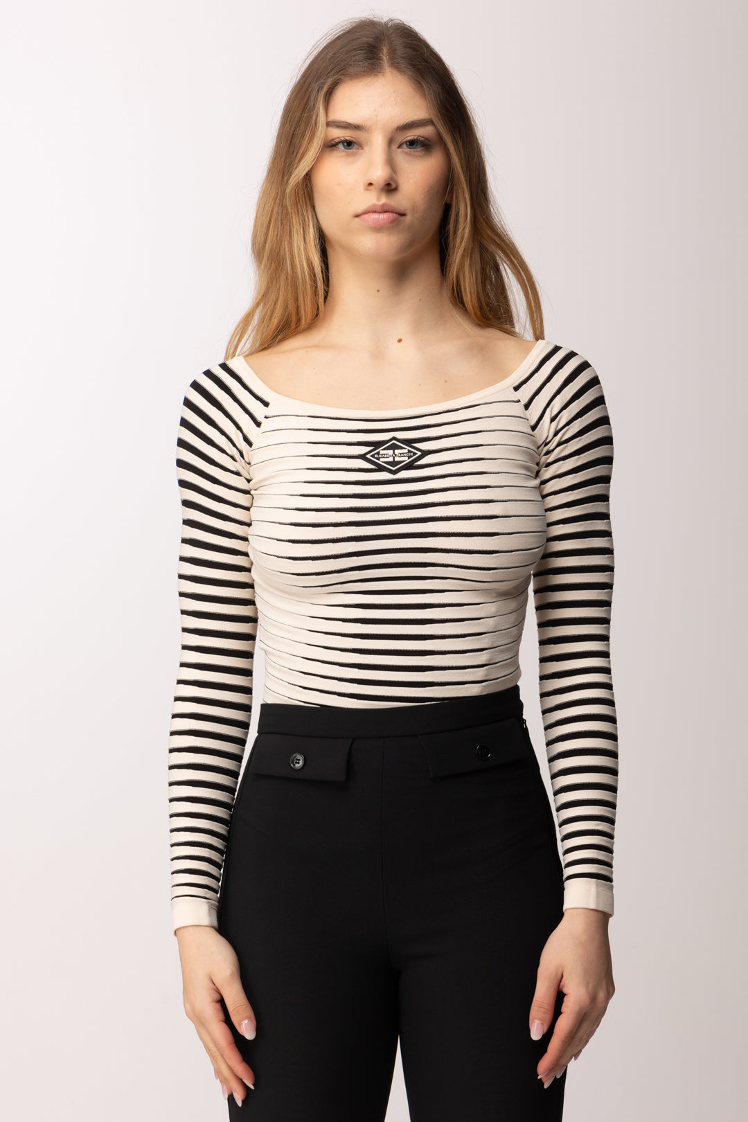 Elisabetta Franchi Body Tricot Off-shoulder Zebrato BK79S61E2 BURRO/NERO