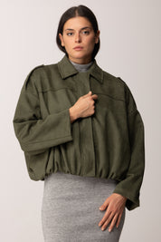Khloe Femme Bomber Effetto Scamosciato a Vita Arricciata VERDE MILITARE