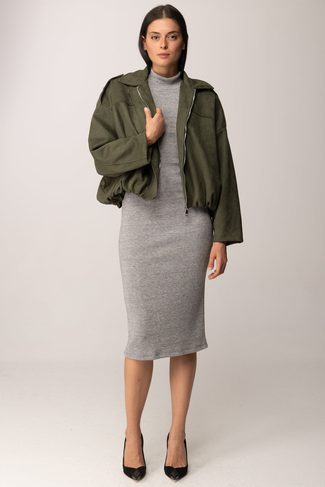 Khloe Femme Bomber Effetto Scamosciato a Vita Arricciata VERDE MILITARE