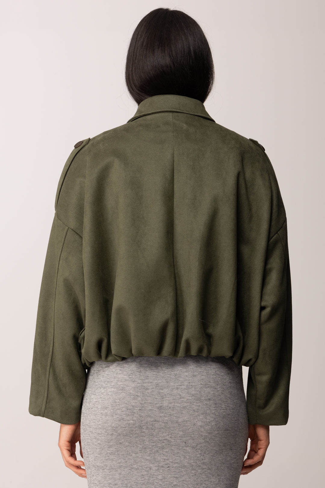 Khloe Femme Bomber Effetto Scamosciato a Vita Arricciata VERDE MILITARE