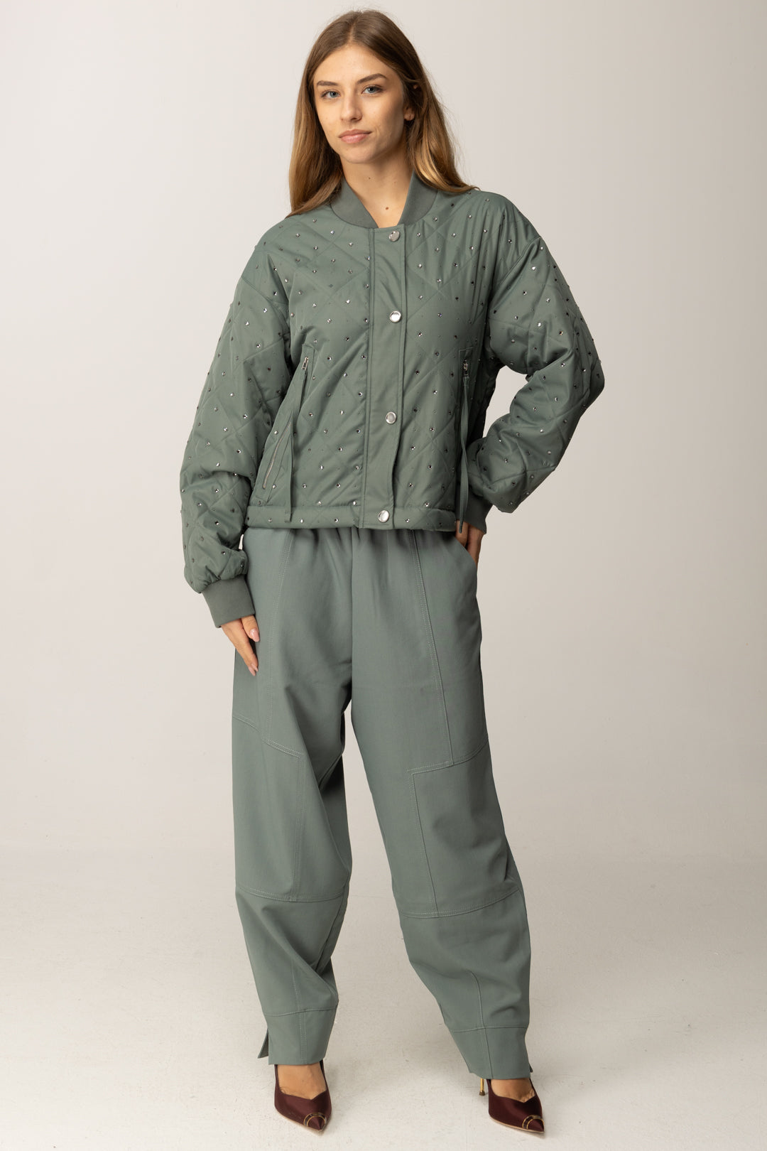 Pinko Bomber Trapuntato con Applicazioni Gioiello VERDE-ERBA TAGLIATA