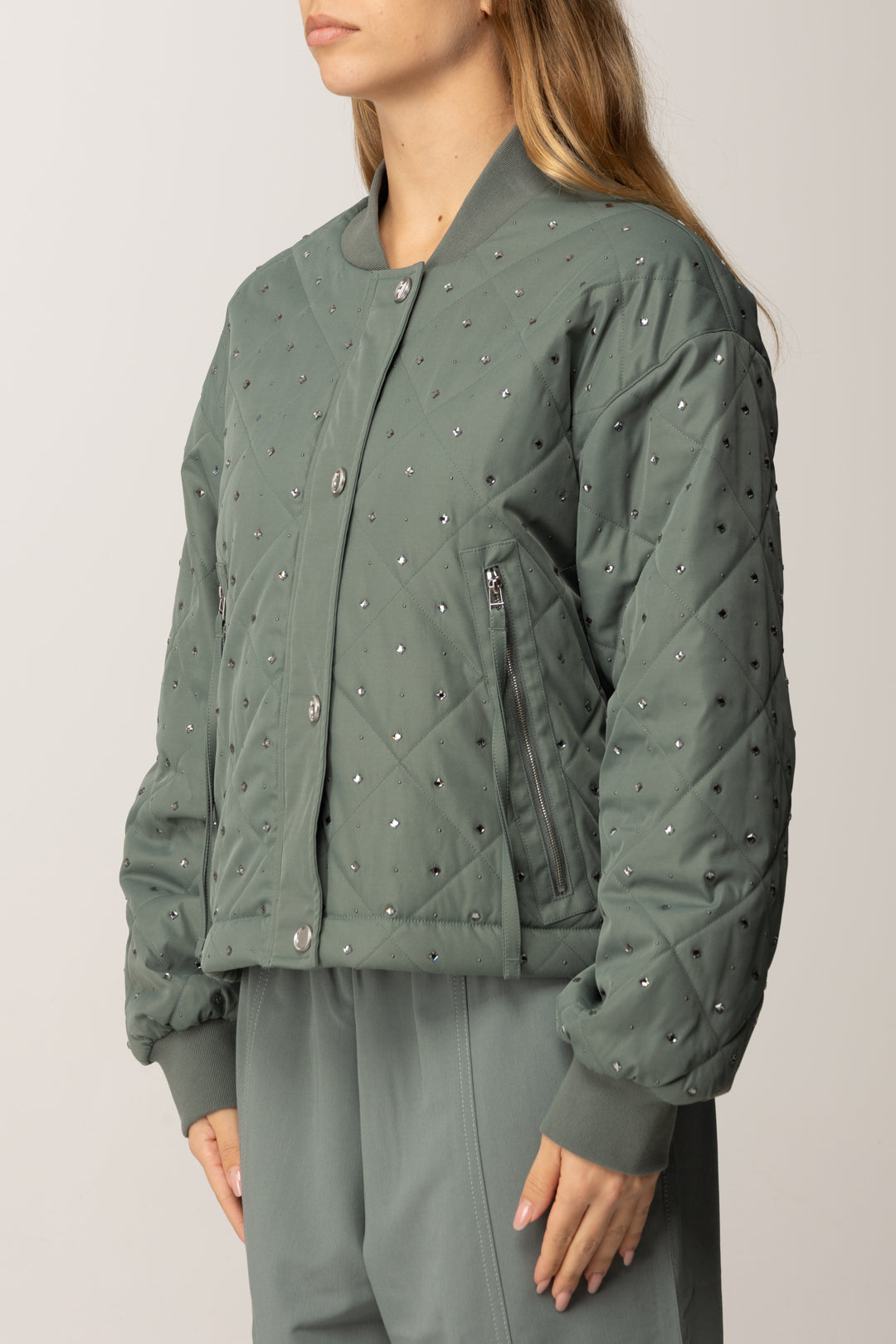 Pinko Bomber Trapuntato con Applicazioni Gioiello VERDE-ERBA TAGLIATA