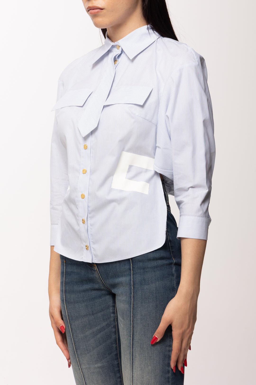 Elisabetta Franchi Camicia a Righe con Cravattino e Logo Cc CA13261E2 OXFORD