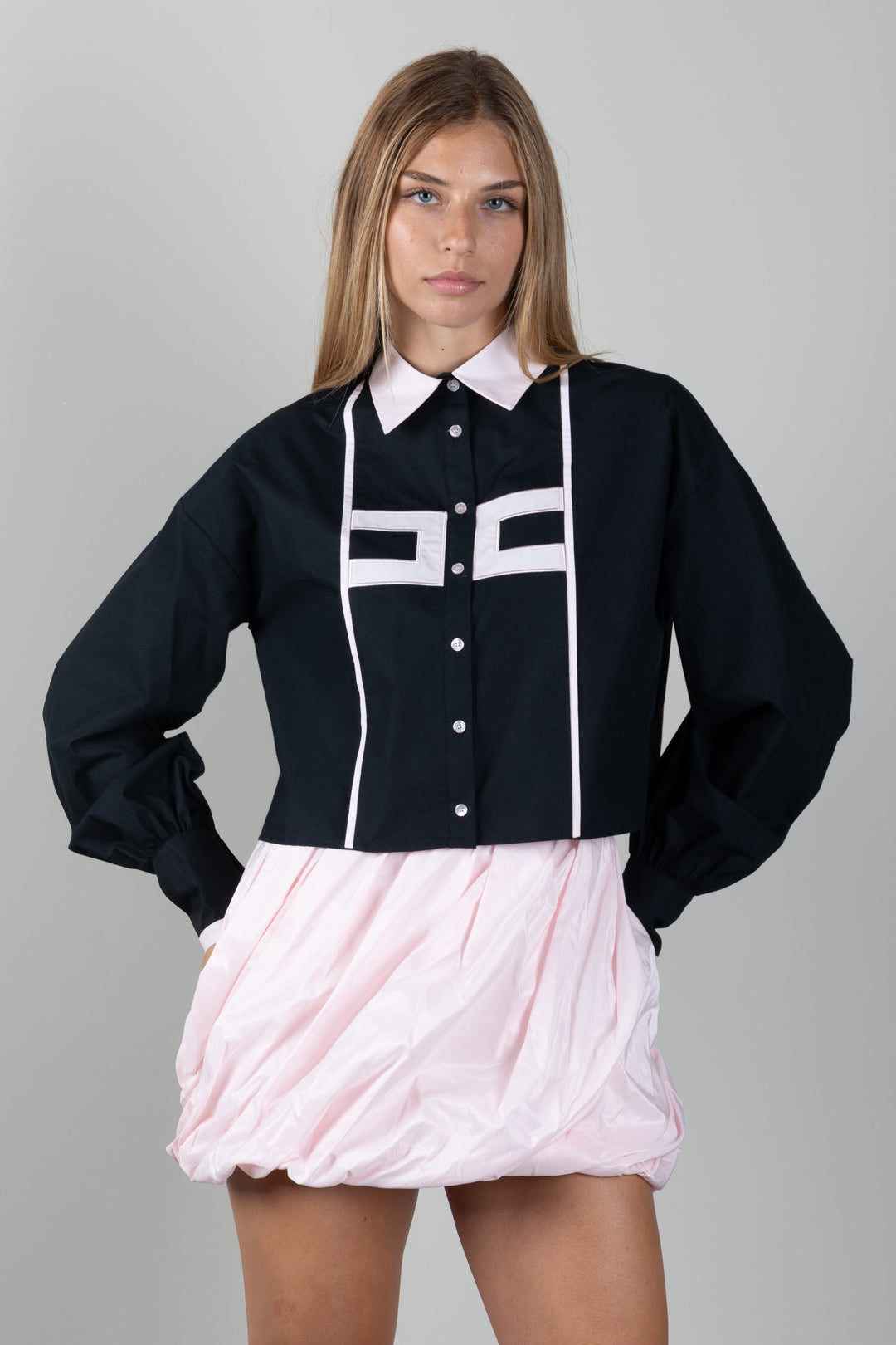 Elisabetta Franchi Bambina Camicia Bicolore con Logo a Contrasto EFCA2970CA235.N400