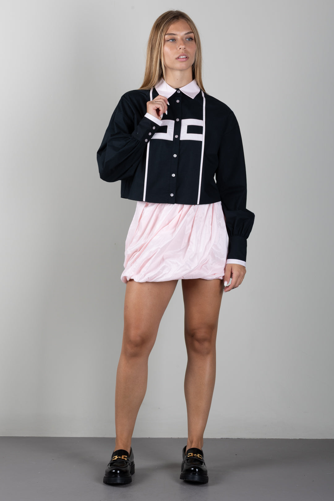 Elisabetta Franchi Bambina Camicia Bicolore con Logo a Contrasto EFCA2970CA235.N400