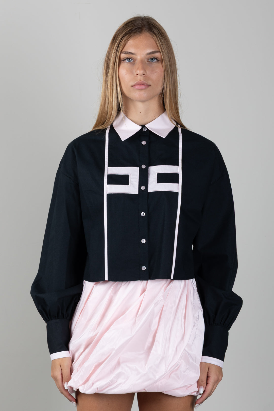 Elisabetta Franchi Bambina Camicia Bicolore con Logo a Contrasto EFCA2970CA235.N400