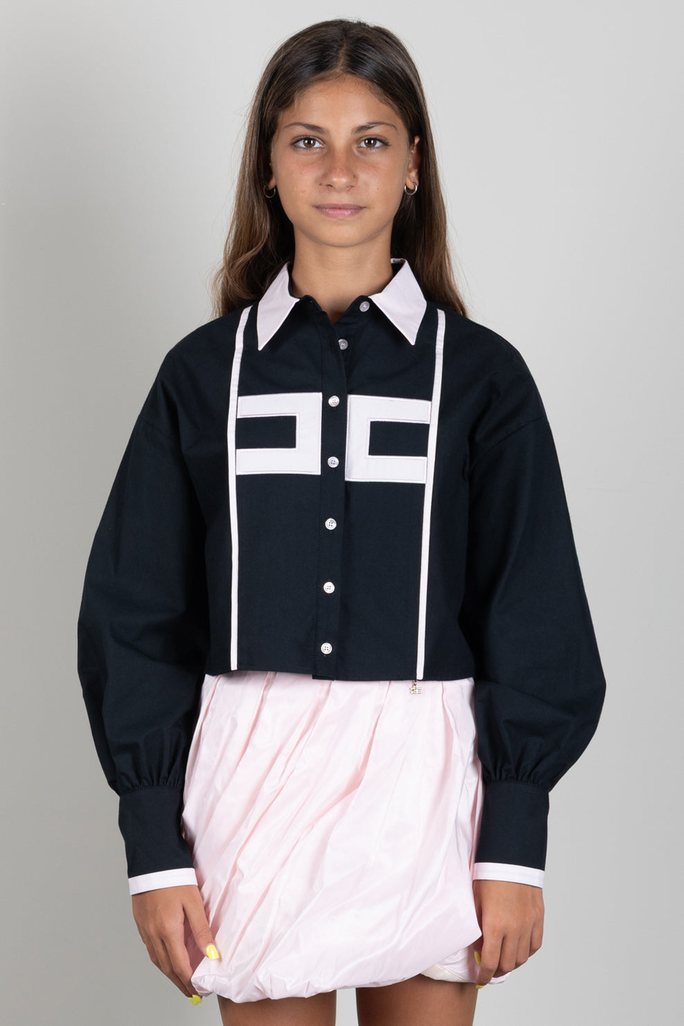 Elisabetta Franchi Bambina Camicia Bicolore con Logo a Contrasto EFCA2970CA235.N400