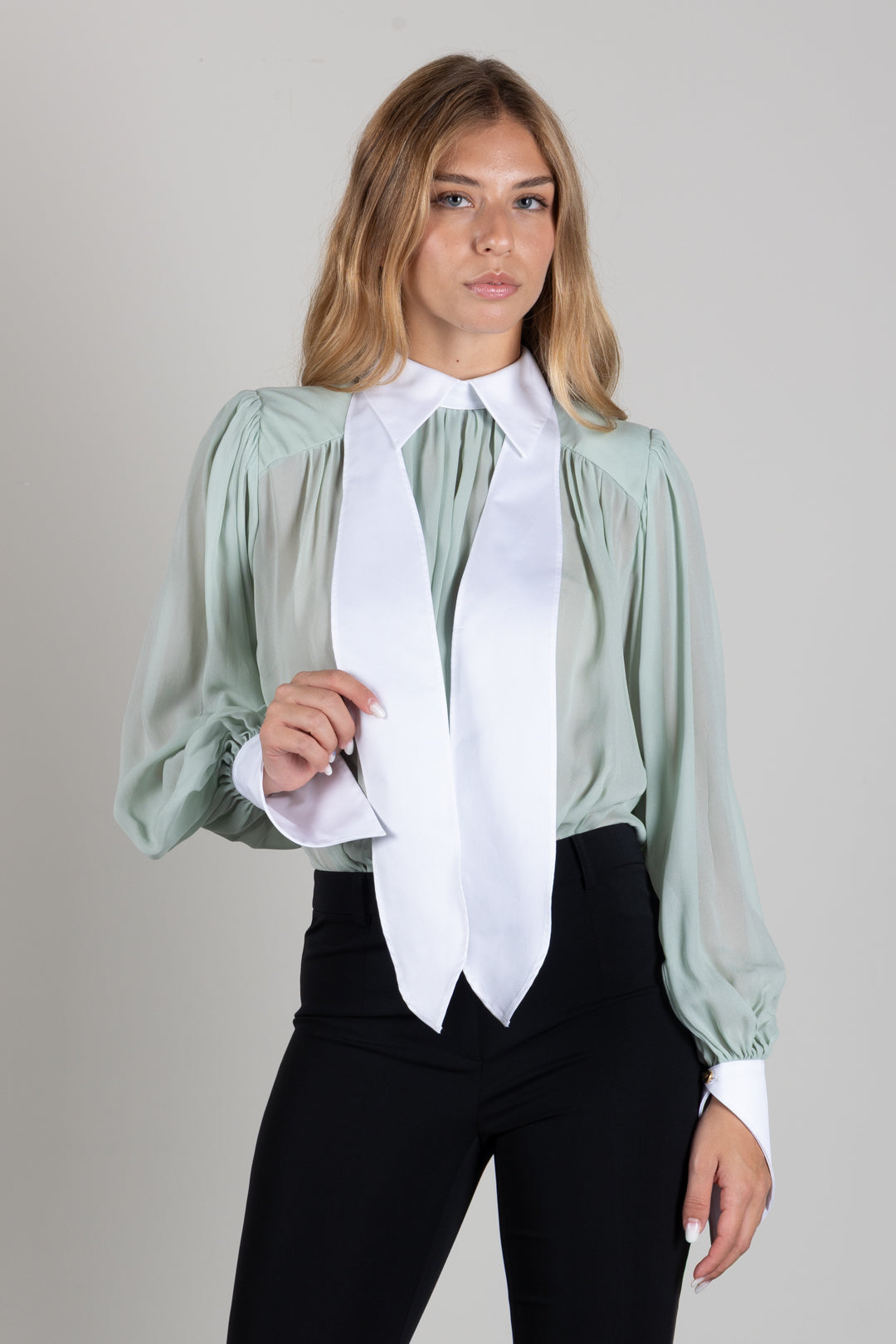 Elisabetta Franchi Camicia Body Bicolore con Foulard CB00666E2 GLASS/BIANCO