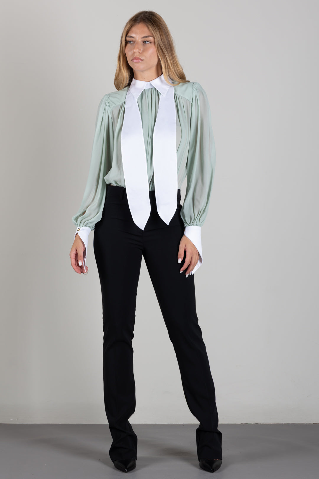 Elisabetta Franchi Camicia Body Bicolore con Foulard CB00666E2 GLASS/BIANCO