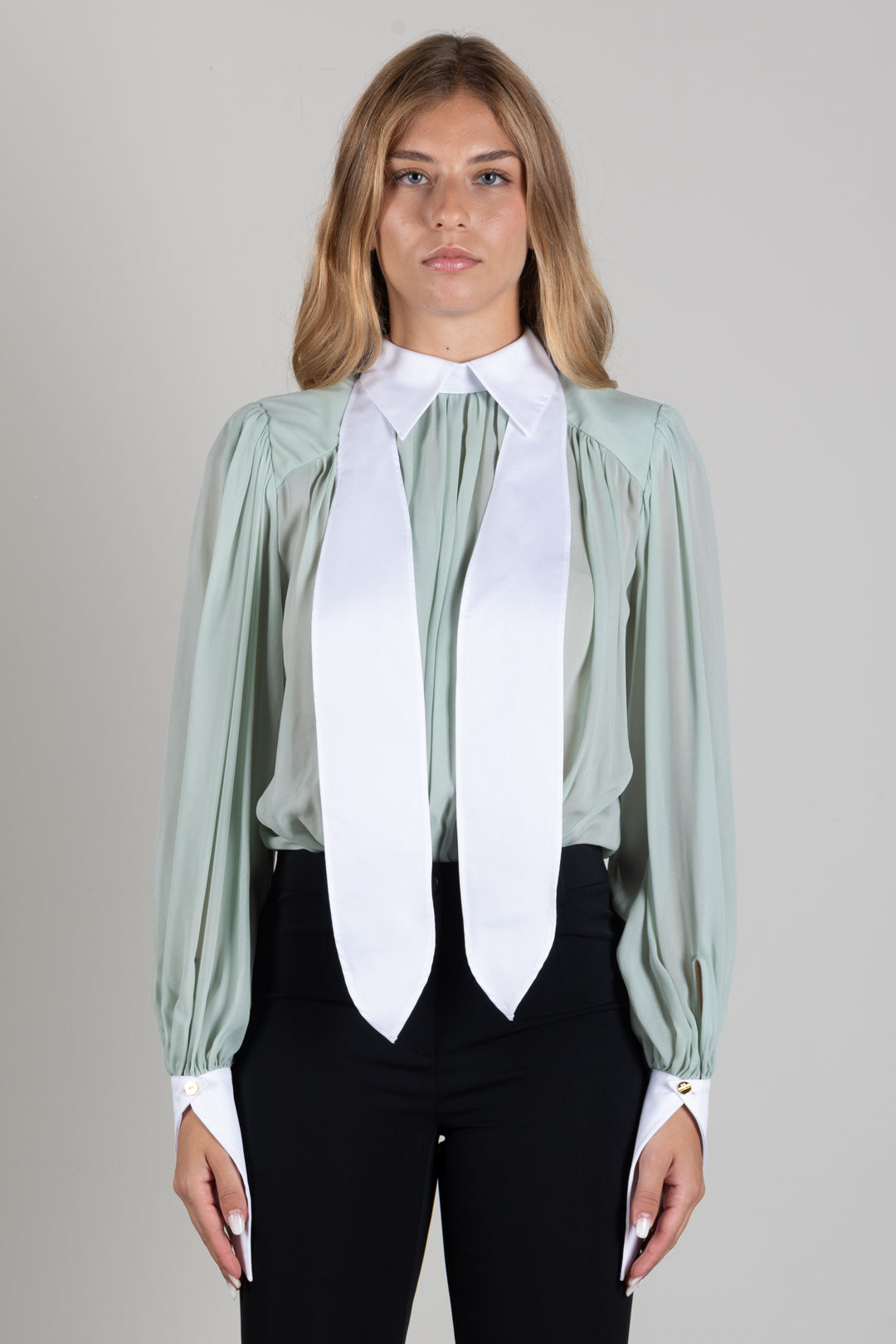 Elisabetta Franchi Camicia Body Bicolore con Foulard CB00666E2 GLASS/BIANCO