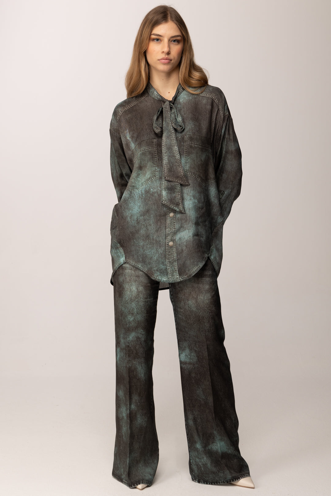 Pinko Camicia con Collo Lavallière In Viscosa GRIGIO/VERDE