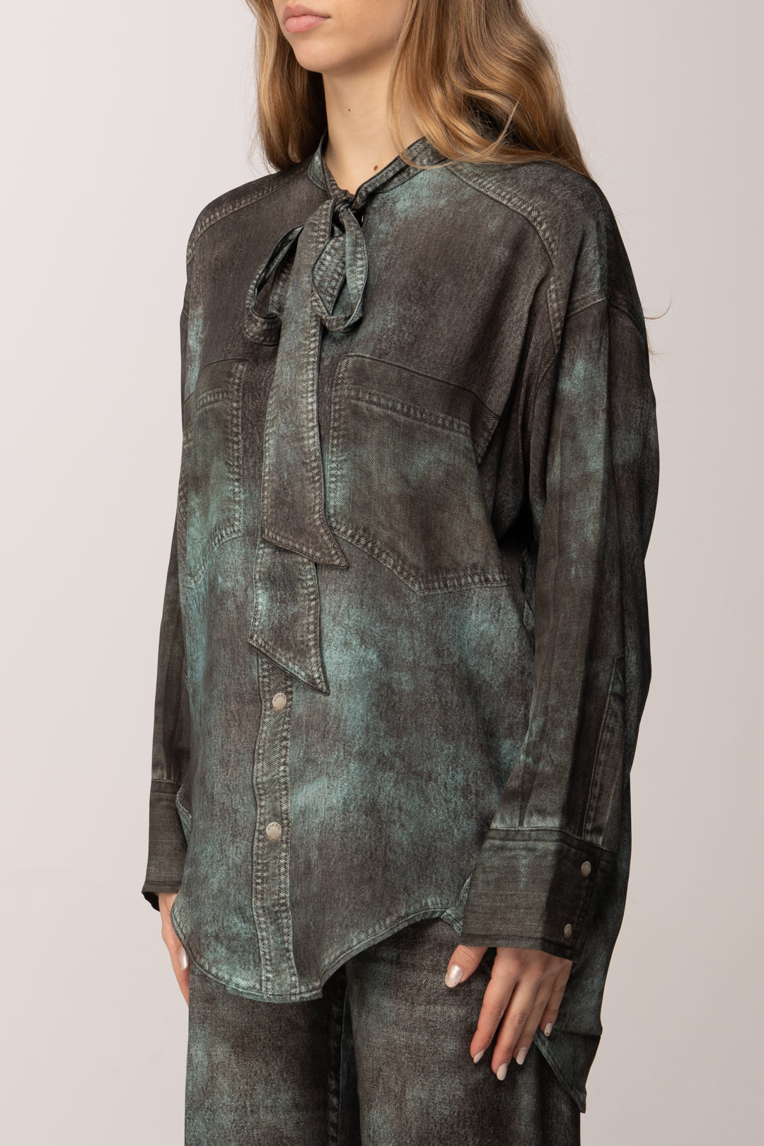 Pinko Camicia con Collo Lavallière In Viscosa GRIGIO/VERDE