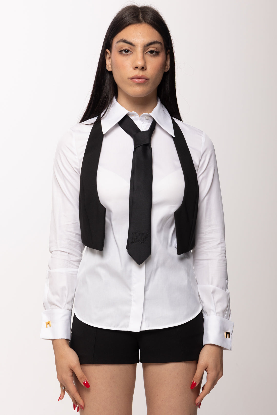 Elisabetta Franchi Camicia con Gilet e Cravatta Coordinati CA14261E2 BIANCO/NERO