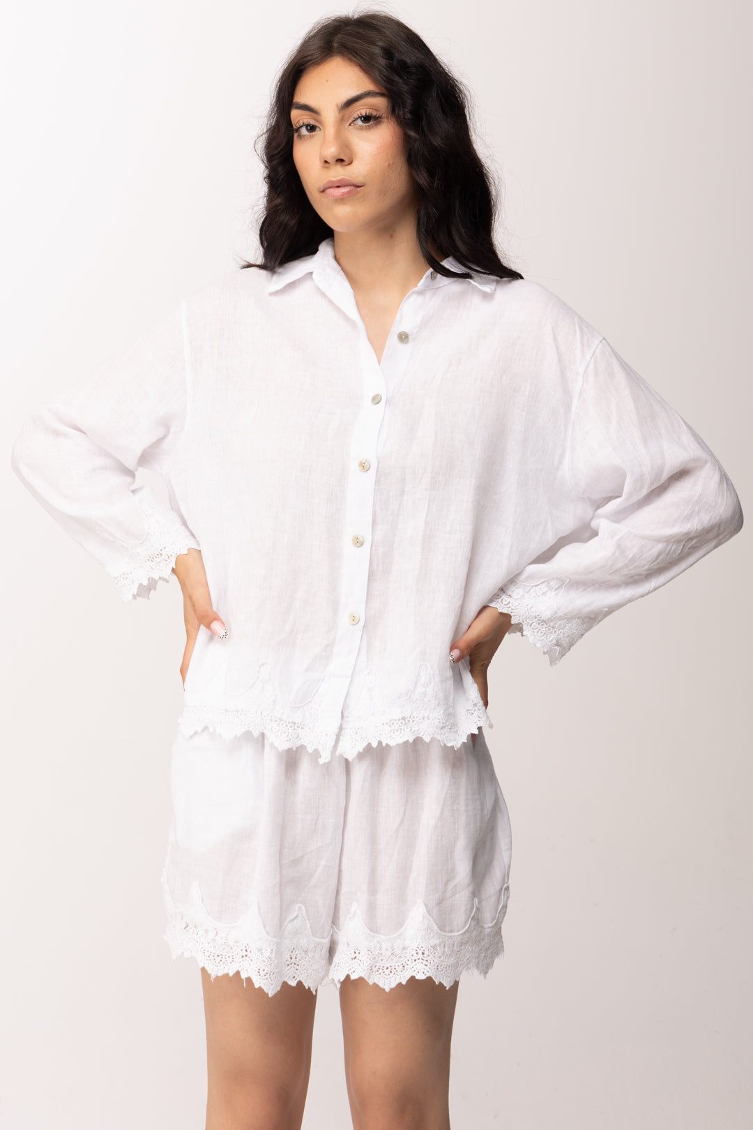 Khloe Femme Camicia con Orli In Pizzo Sangallo 26353 BIANCO