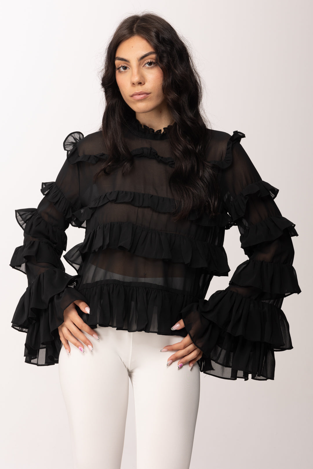 Khloe Femme Camicia con Ruches e Trasparenze 250018 NERO