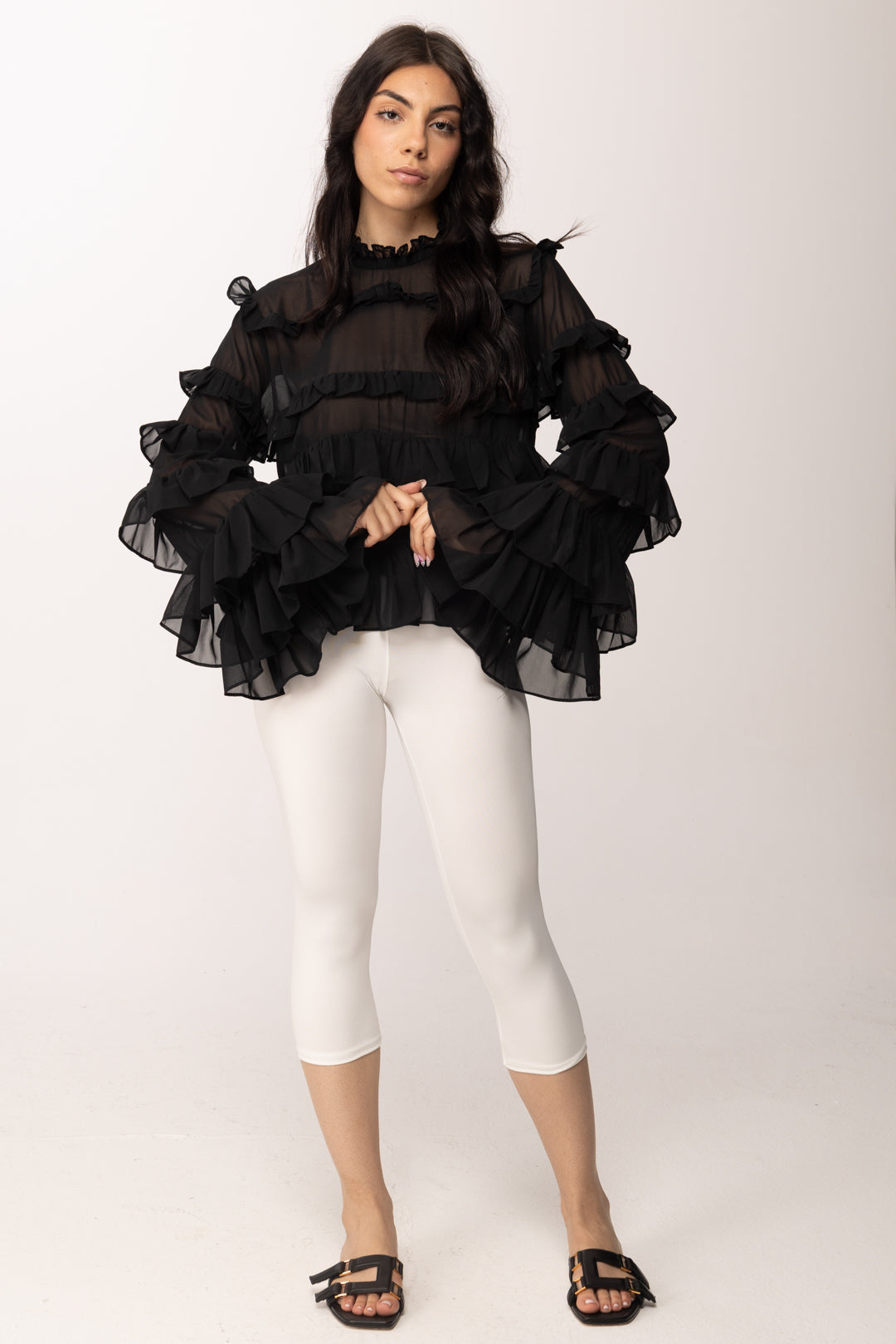 Khloe Femme Camicia con Ruches e Trasparenze 250018 NERO