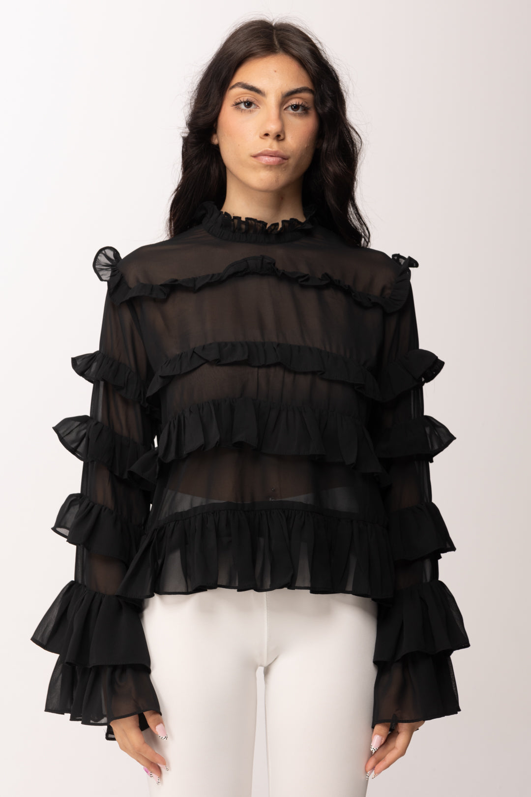 Khloe Femme Camicia con Ruches e Trasparenze 250018 NERO