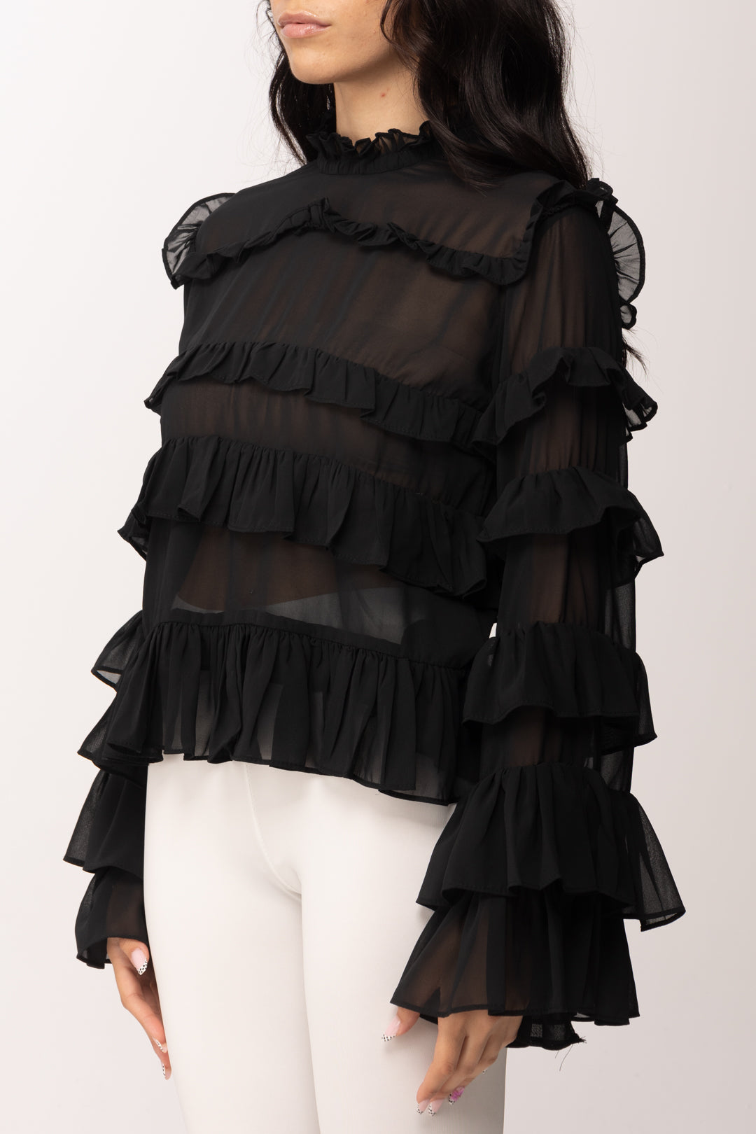 Khloe Femme Camicia con Ruches e Trasparenze 250018 NERO