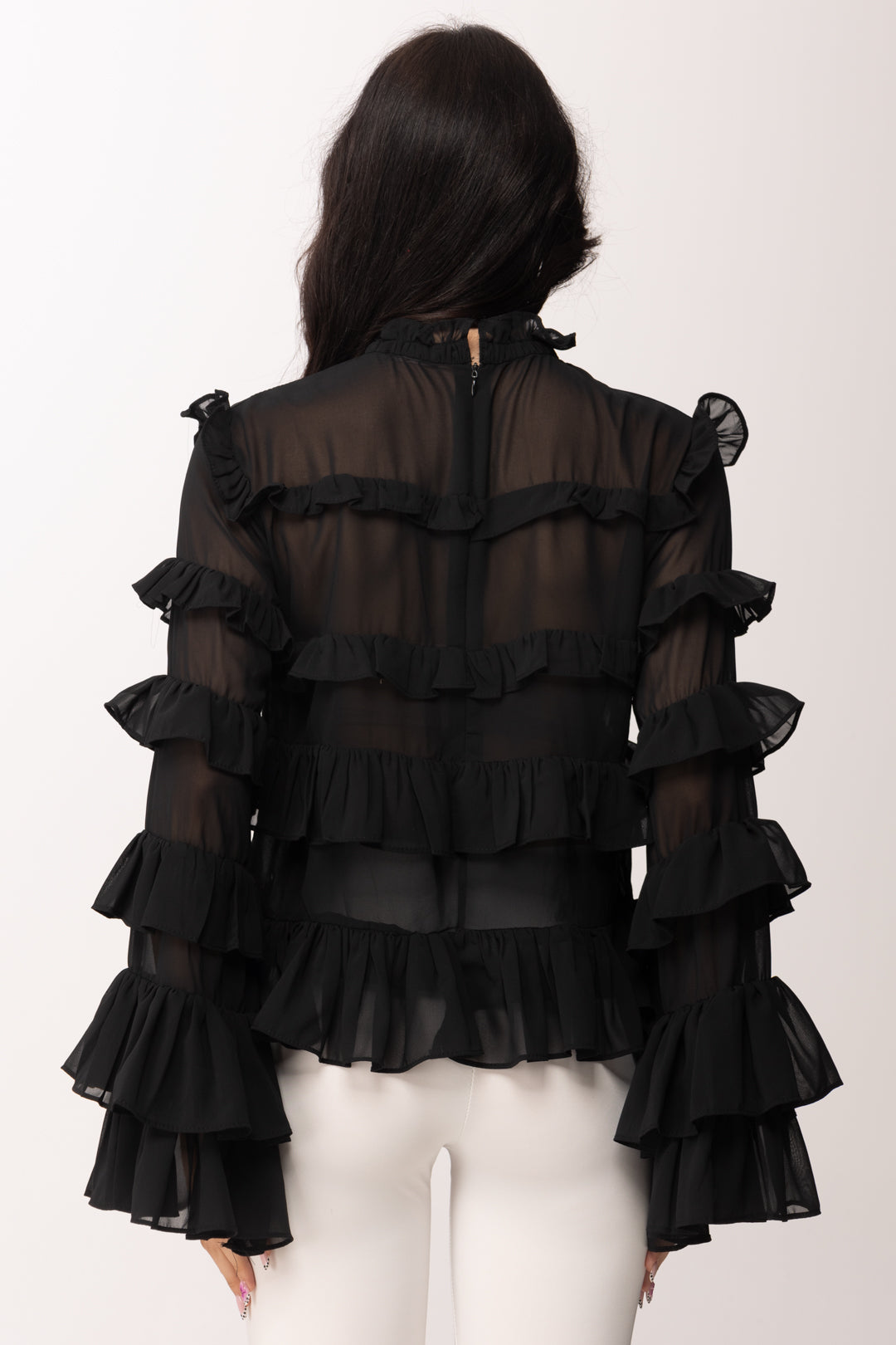 Khloe Femme Camicia con Ruches e Trasparenze 250018 NERO