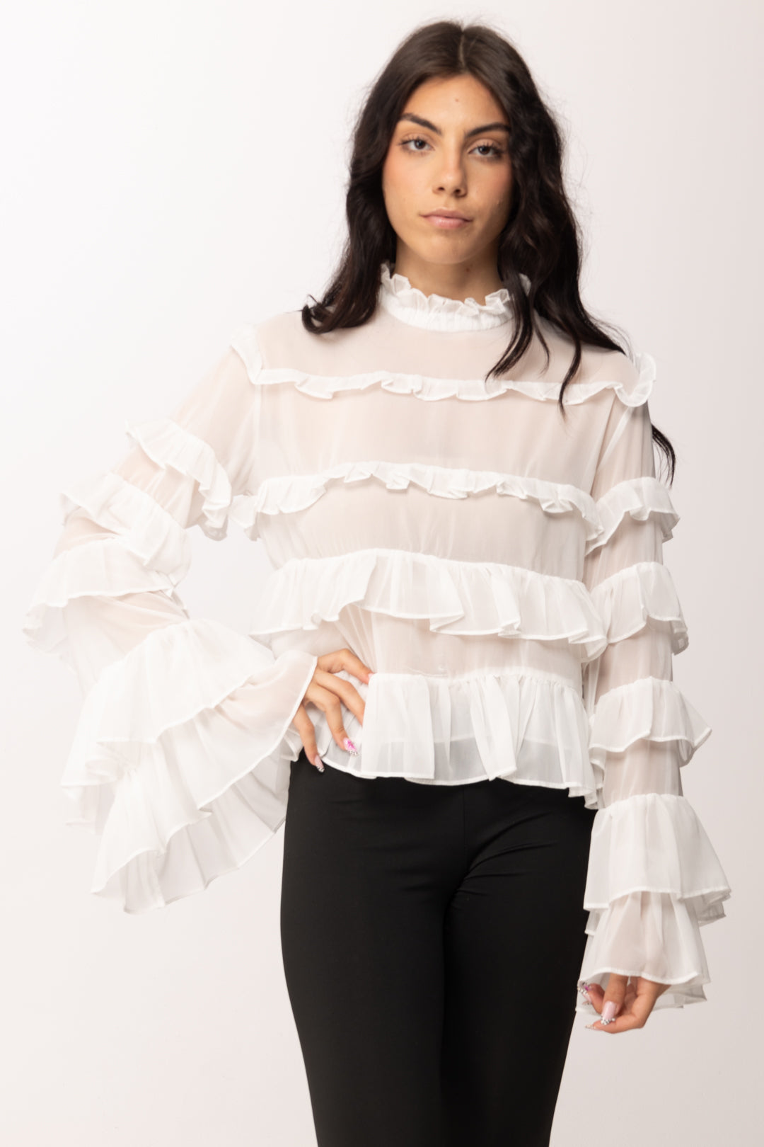 Khloe Femme Camicia con Ruches e Trasparenze 250018 PANNA