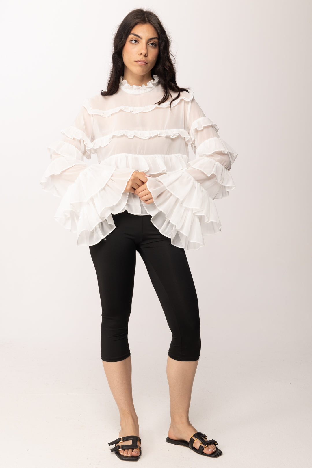 Khloe Femme Camicia con Ruches e Trasparenze 250018 PANNA