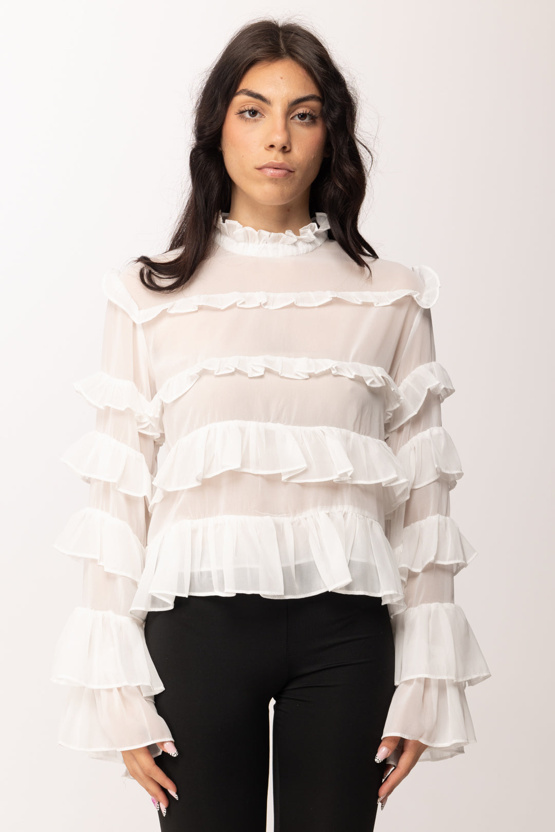 Khloe Femme Camicia con Ruches e Trasparenze 250018 PANNA